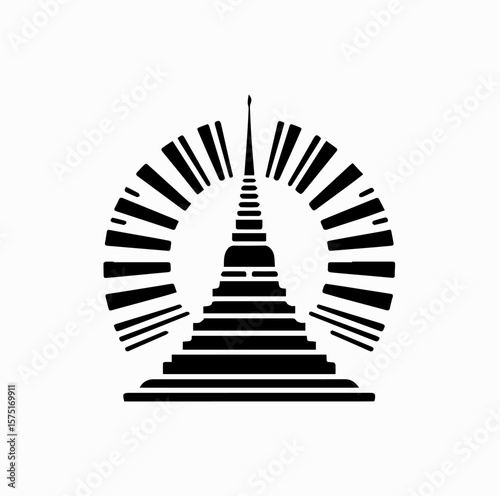 Minimalist Black Vector Logo of Thai Pagoda with Rising Sun Isolated on White Background