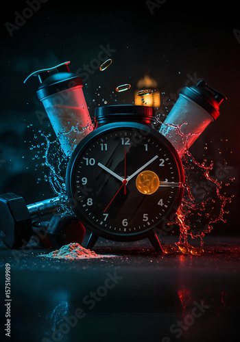 Workout supplement timing concept with clock protein shakers and dumbbells