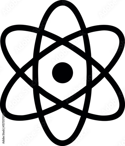Minimal black vector icon of atom – flat pictogram of atomic model with orbiting electrons, symbol of science, physics, energy, research, and education