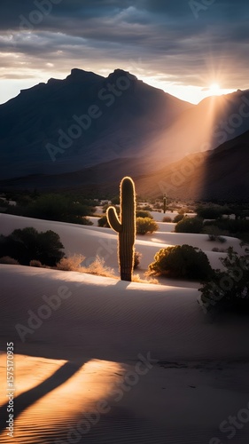 Desert sunset illuminating a lone cactus with majestic mountains in the distance