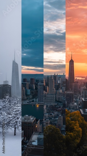 Explore the beauty of four seasons in a stunning city skyline transformation across the day and night