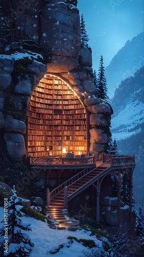 Enchanting library nestled in winter's embrace among towering mountains, inviting adventure and imagination