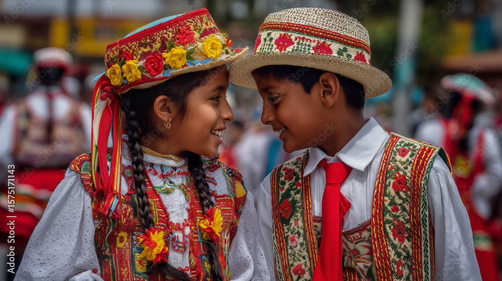 Fototapeta premium Boy and Girl in Traditional Red Cultural Costumes Smiling Face-to-Face During Festival del Yamor Celebration in Ecuador