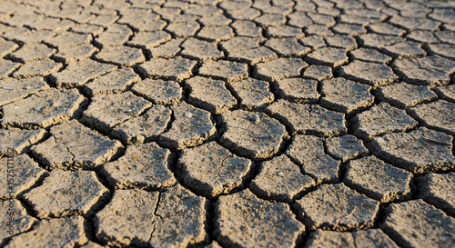 Close-up of cracked dry earth texture with deep fissures in arid environment under harsh sunlight