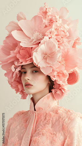 A woman's face adorned with a delicate floral wreath, showcasing the beauty of spring fashion and natural makeup