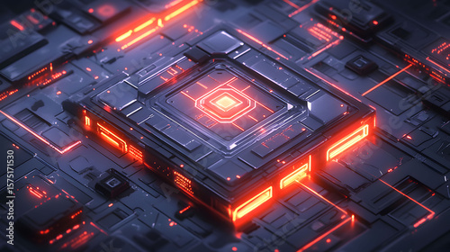 Red hot digital fire ignites a circuit board's intricate network, a macro view of isolated electrical engineering