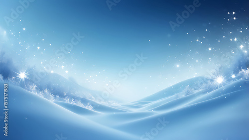 Magical winter landscape with sparkling snow and stars on a blue background, ai