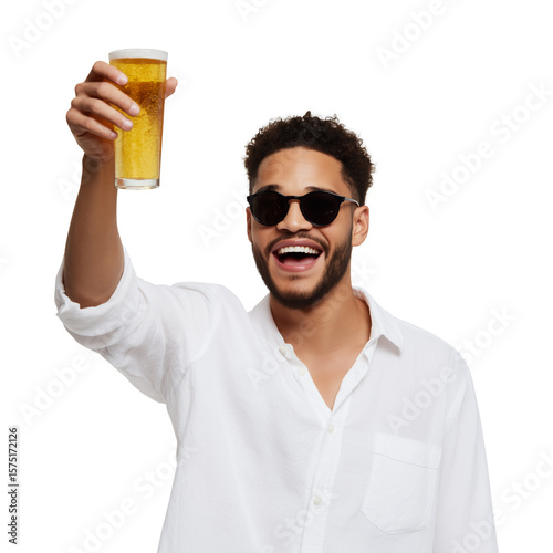 Cheerful young man holding a glass of beer wearing sunglasses and white shirt, isolated on transparent background. 