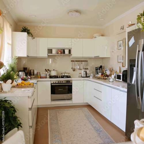 A spacious modern kitchen with white cabinets, stainless appliances, indoor plants, and warm sunlight streaming through the window.
