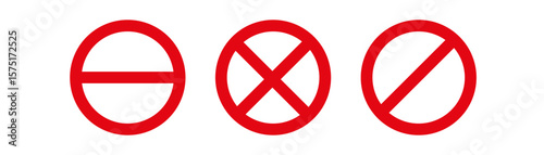 Three red round signs with one or two lines. Prohibition signs. Minimal vector graphics.