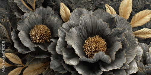 Detailed close-up of dark gray and gold flowers with textured petals and leaves