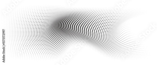 Flowing Wave Dot Halftone Pattern: Curve Gradient Shape on Transparent Background. Suitable for AI, Tech, Network, Digital, Science, and Technology Themes.