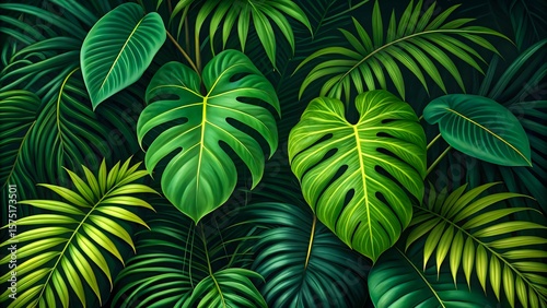 Tropical green jungle leaves background with monstera and palm pattern

