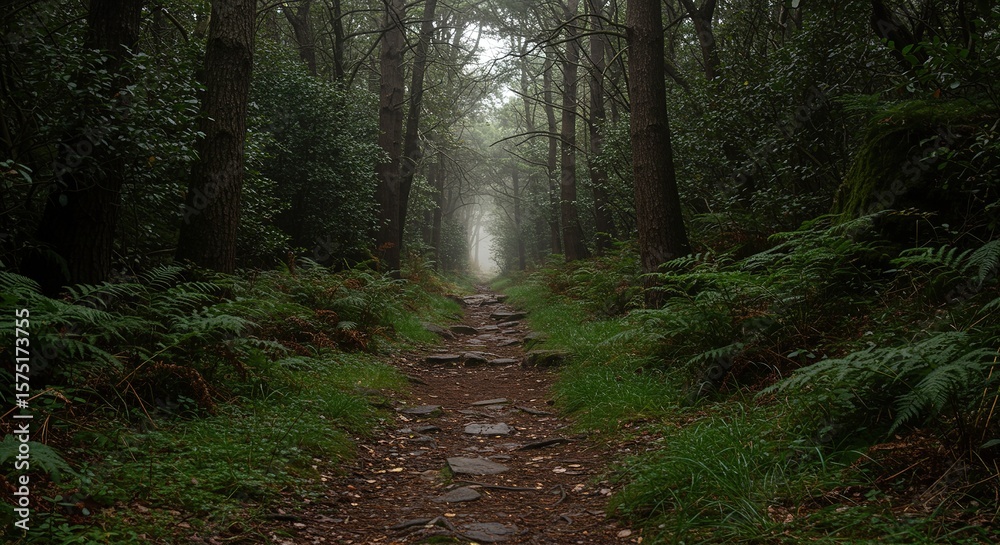 Fototapeta premium Forest path with ferns and trees leading into distance with soft light.