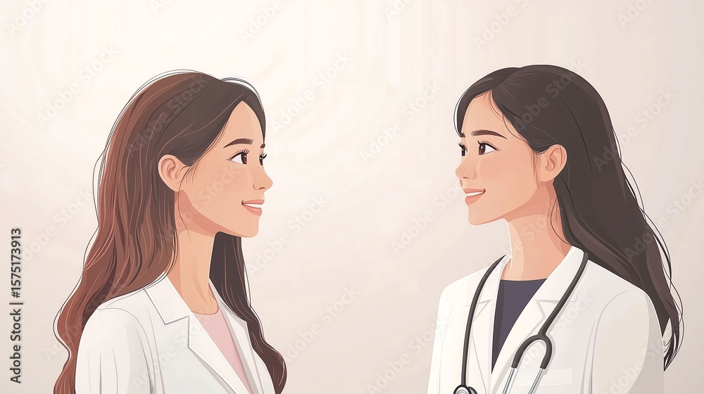 Minimalist flat vector illustration of a young Asian medical worker counseling a female patient, soft pastel tones, clean lines, friendly and understanding. Minimalist flat vector illustration of a young Asian medical worker counseling a female patient, soft pastel tones, clean lines, friendly and understanding.