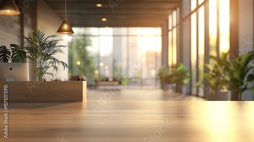 Minimalist illustration of a modern office interior with a blurred background. Clean lines, open space, and gentle tones create a peaceful and professional setting.
