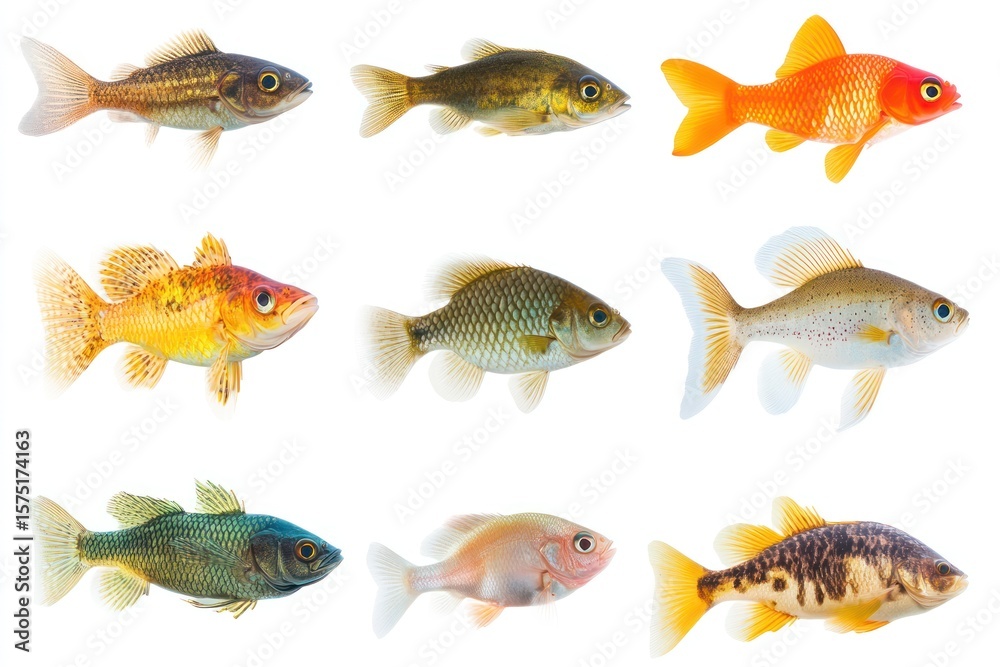 Naklejka premium A variety of freshwater fish species, isolated on white, focus on their anatomy and patterns