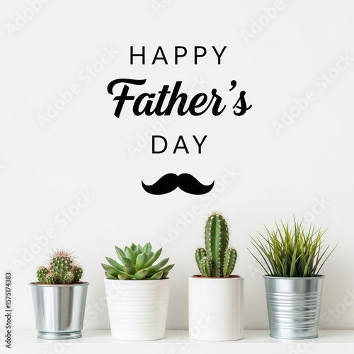 Happy Father's Day with Mustache and Potted Plants
