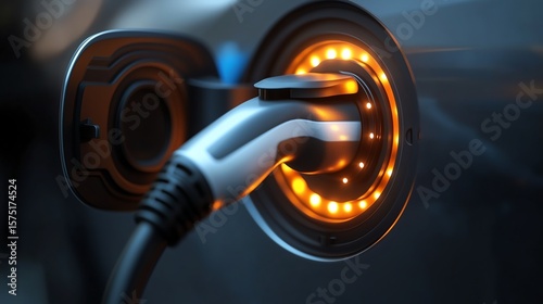 Close-up of EV charging port with minimalist design, showcasing ecological energy concept and ample copy space for text or branding