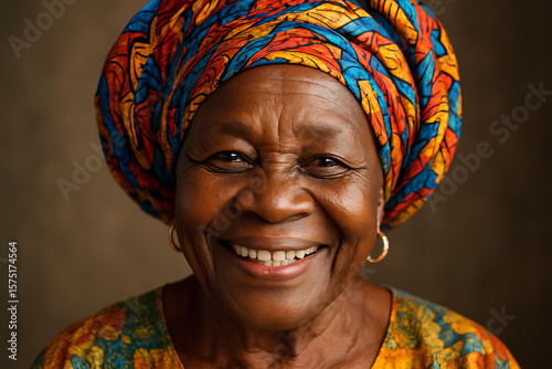 Elderly Woman Smiling Warmly, Wearing Bright Traditional Headscarf and Colorful Clothing
