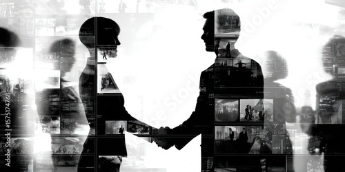 Silhouettes of two people shaking hands, overlaid with many images