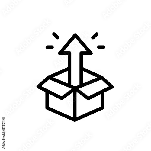 Simple black line art graphic depicting an opened cardboard box with a prominent arrow moving upwards, concept for streamlined export processes, efficient delivery systems implementation