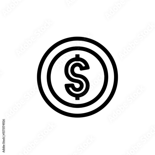 Minimalist abstract linear black symbol depicting a dollar sign on a circular coin icon background, concept for modern financial application interfaces, secure online payment processing methods