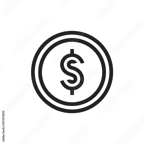 Simple black line art dollar coin icon, clean currency symbol design on white isolated background, concept for finance applications, monetary systems, economic analysis and digital payment interfaces