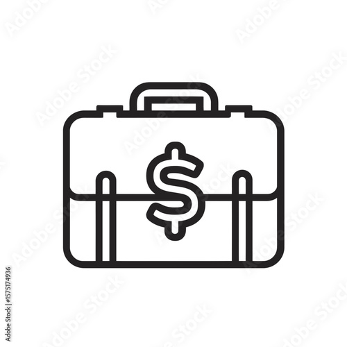 Clean line vector icon illustrating a portable briefcase displaying a prominent dollar currency symbol, representing financial assets, concept for financial investment services, corporate asset