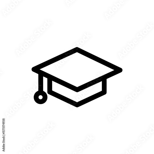 Minimalist black outline graphic icon depicting a graduation cap with tassel detail, concept for educational materials, academic achievement, and university branding