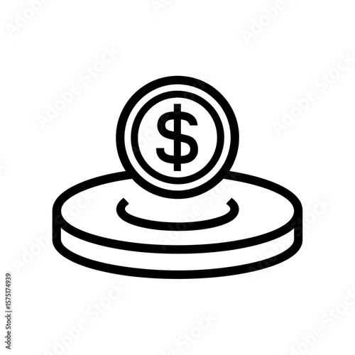 Clean outline vector graphic of a dollar currency coin on a solid circular base stand illustration, concept for financial management, concept for online payment systems and investment strategies