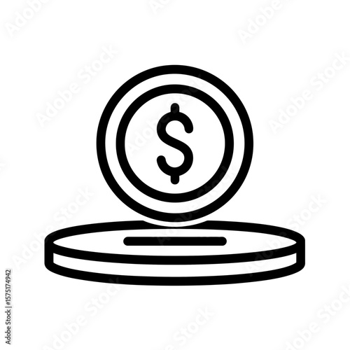 Clean black and white outline icon representing a United States dollar coin being deposited into a receptacle slot, concept for online banking services, personal savings strategies and economic data