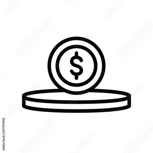 Minimalist black and white icon showing a single dollar coin placed upon a foundational base representing monetary value, concept for financial industry applications, economic charts, and personal