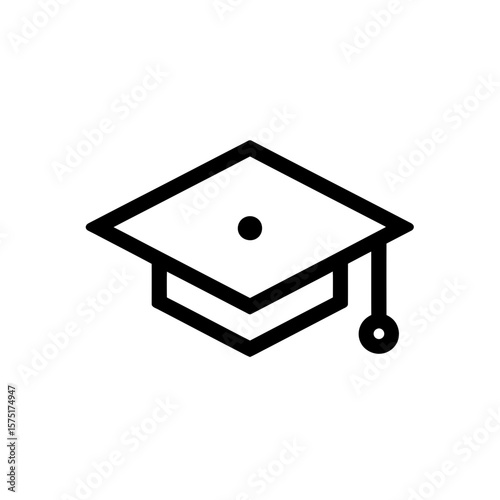 Clean simple flat black line icon illustrating a traditional academic graduation cap, concept for educational graphic design, academic achievement symbol illustration and university marketing