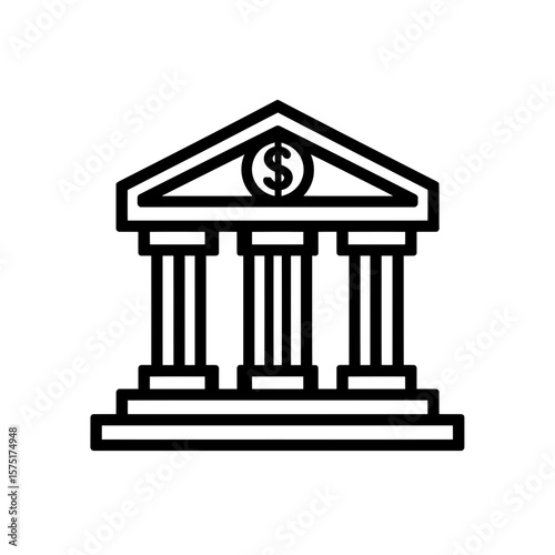 Minimalist black outline icon depicting a classical bank building facade with dollar symbol, concept for financial transactions, investment strategies, banking applications and corporate finance