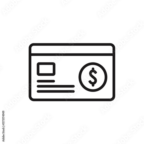 Simple stroke icon presenting a horizontal plastic card shape with identification fields and a prominent currency symbol, concept for user interface design, banking application graphics and online
