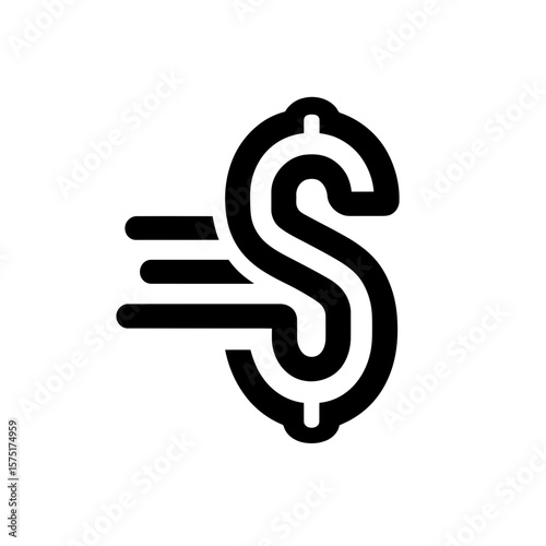 Stylized black dollar symbol with dynamic speed lines representing rapid financial movement and exchange, Concept for quick money transfers, digital financial platforms, and rapid business