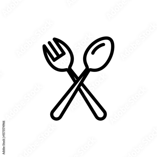 Clean black outline drawing showing a set of crossed eating implements, a fork and a spoon symbol icon, concept for restaurant business identity, catering company promotion, and food related web