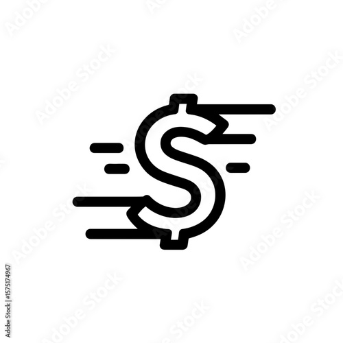 Simple black line vector icon of a dollar sign with speed lines representing fast money or rapid finance, concept for financial service advertising, rapid transaction display and investment app