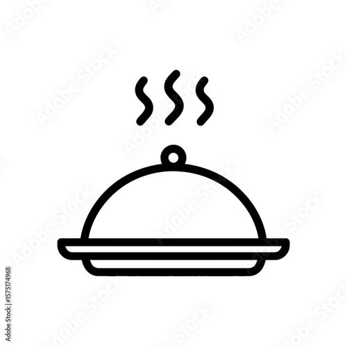 Minimalist line icon illustrating a hot food serving platter covered with steam above it on white background, concept for restaurant menu design elements, food service application interface