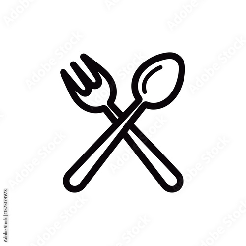 Clean black outline vector drawing illustrating a crossed fork and spoon symbol icon, concept for diverse food service applications, modern restaurant branding, and online meal ordering interfaces