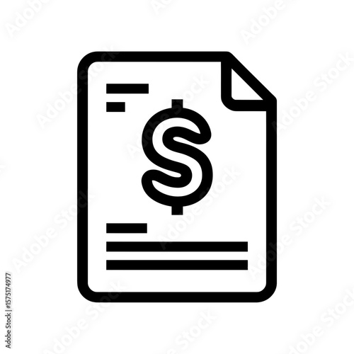 Clean black line icon depicting a document file with dollar currency symbol, concept for financial statement visualization, expense tracking software interface design, and online payment system