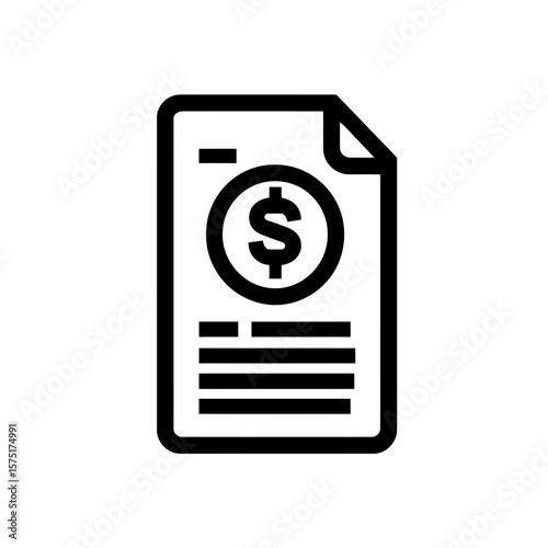 Simple line icon depicts a financial document with dollar symbol and text lines, representing cost or bill, concept for budgeting application, financial planning, and income tracking interface