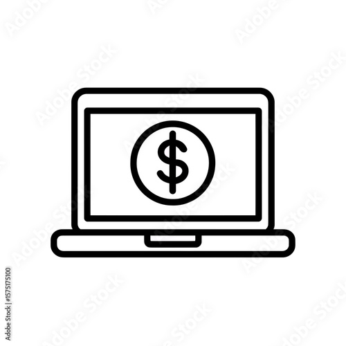 Outline icon illustrating digital finance concept featuring laptop display with prominent dollar symbol inside circle, concept for financial technology applications, internet banking solutions