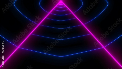 Futuristic neon triangle with glowing pink and blue lights on black background

