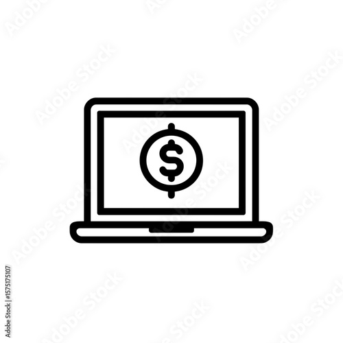 A clean and crisp black line icon illustrating a laptop computer displaying a prominent dollar sign symbol, concept for secure online financial transactions, efficient digital banking services