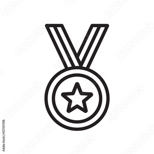 Detailed black outline line icon illustration of a medal with a star center and striped ribbon, success symbol, concept for award ceremony designs, victory presentation graphics, success achievement