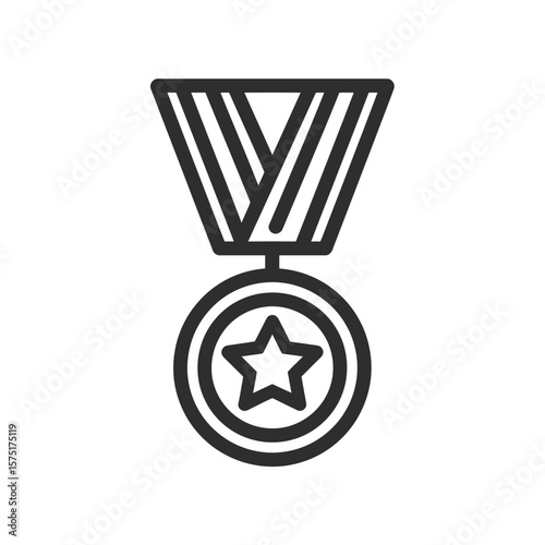 Precise line art graphic icon featuring a medal design with a prominent star at the center and a decorative striped ribbon attached, concept for depicting achievement recognition, symbolising