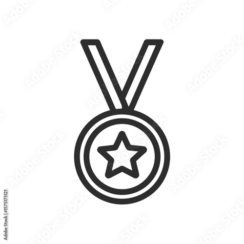 Clean, black line vector drawing showcasing a round medal with an internal star and v-shaped ribbon, concept for award presentation assets, employee recognition, and achieving goals in business