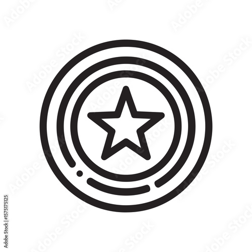 Clean black line icon representing a geometric star shape centered within a series of concentric circular rings, abstract design element, concept for user interface navigation, infographic